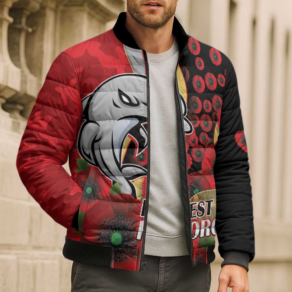 Redcliffe Dolphins ANZAC Personalised Bomber Puffer Jacket Lest We Forget Poppy Camo