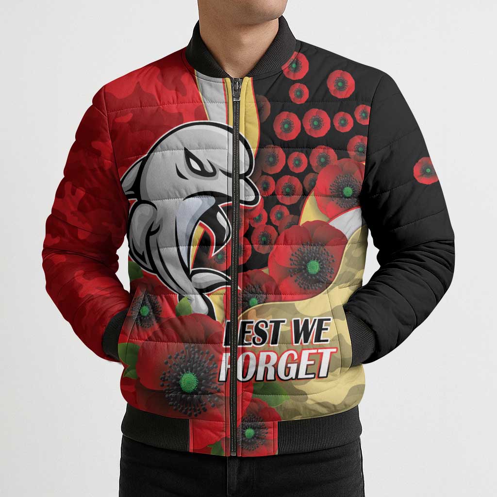 Redcliffe Dolphins ANZAC Personalised Bomber Puffer Jacket Lest We Forget Poppy Camo