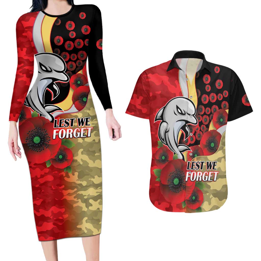 Redcliffe Dolphins ANZAC Personalised Couples Matching Long Sleeve Bodycon Dress and Hawaiian Shirt Lest We Forget Poppy Camo