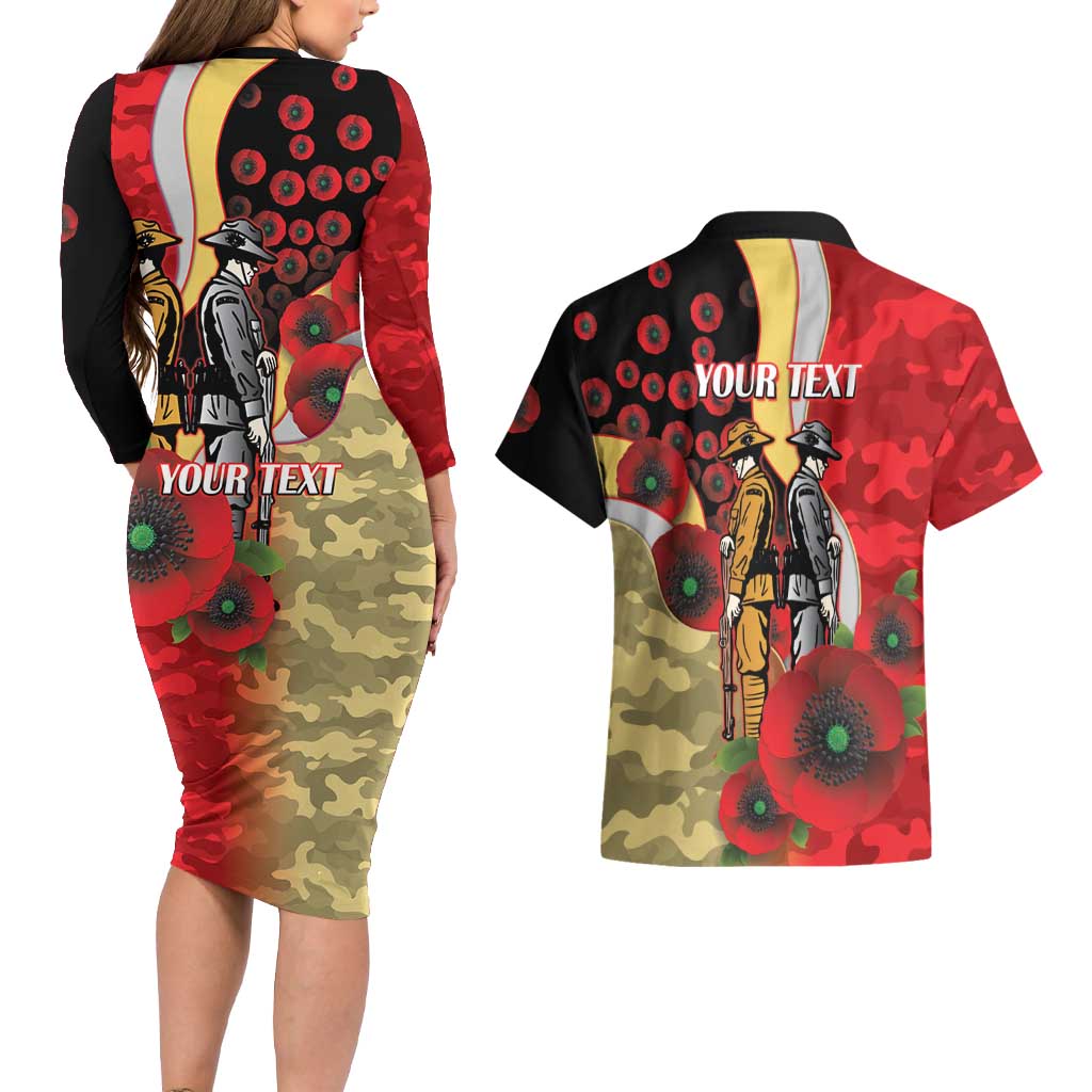 Redcliffe Dolphins ANZAC Personalised Couples Matching Long Sleeve Bodycon Dress and Hawaiian Shirt Lest We Forget Poppy Camo