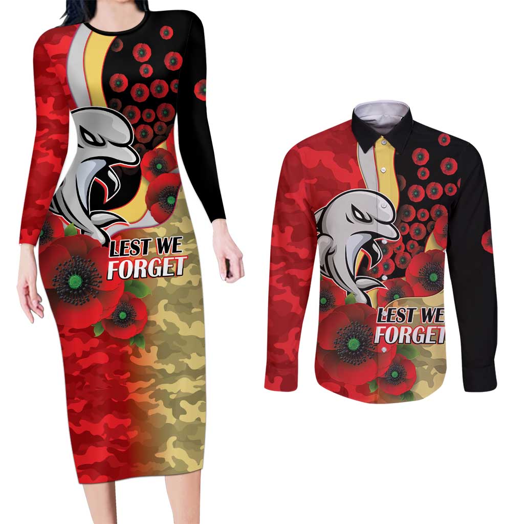 Redcliffe Dolphins ANZAC Personalised Couples Matching Long Sleeve Bodycon Dress and Long Sleeve Button Shirt Lest We Forget Poppy Camo