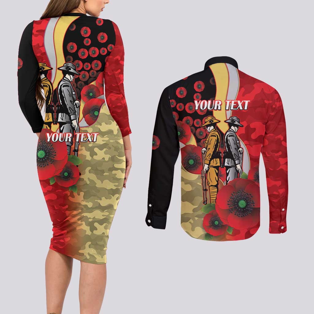Redcliffe Dolphins ANZAC Personalised Couples Matching Long Sleeve Bodycon Dress and Long Sleeve Button Shirt Lest We Forget Poppy Camo