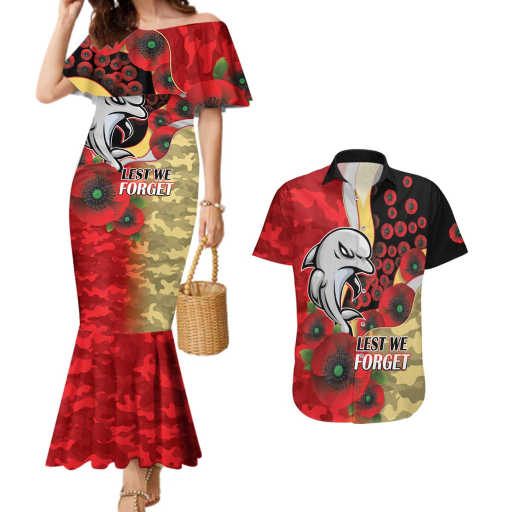 Redcliffe Dolphins ANZAC Personalised Couples Matching Mermaid Dress and Hawaiian Shirt Lest We Forget Poppy Camo
