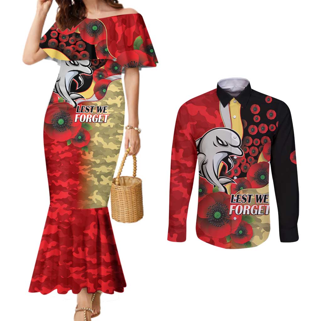 Redcliffe Dolphins ANZAC Personalised Couples Matching Mermaid Dress and Long Sleeve Button Shirt Lest We Forget Poppy Camo
