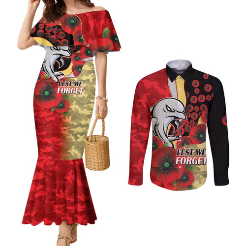 Redcliffe Dolphins ANZAC Personalised Couples Matching Mermaid Dress and Long Sleeve Button Shirt Lest We Forget Poppy Camo
