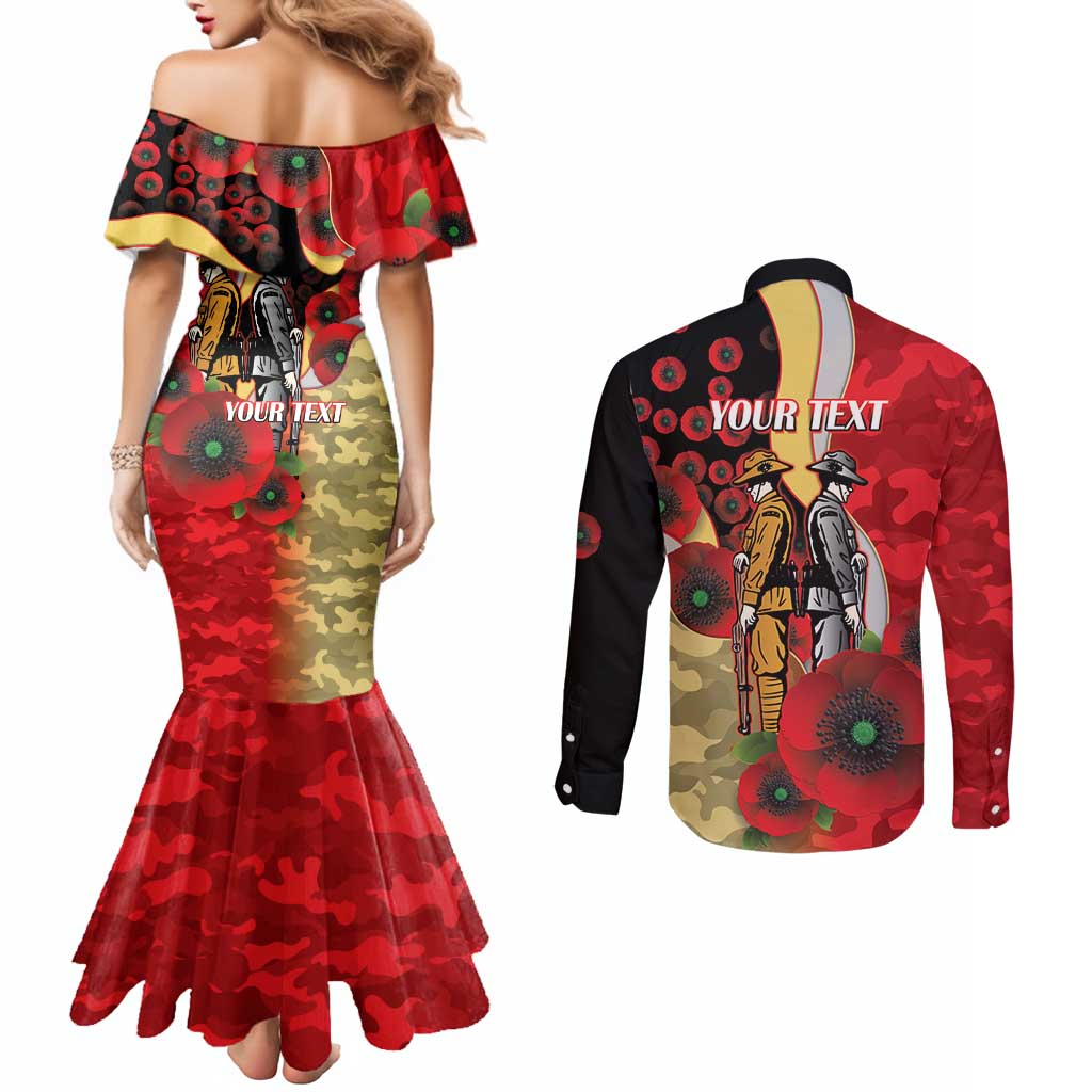 Redcliffe Dolphins ANZAC Personalised Couples Matching Mermaid Dress and Long Sleeve Button Shirt Lest We Forget Poppy Camo