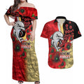 Redcliffe Dolphins ANZAC Personalised Couples Matching Off Shoulder Maxi Dress and Hawaiian Shirt Lest We Forget Poppy Camo