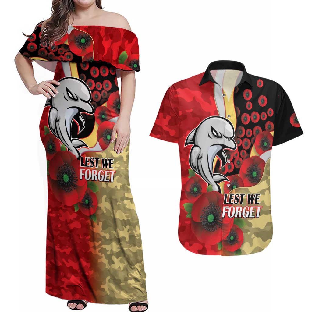 Redcliffe Dolphins ANZAC Personalised Couples Matching Off Shoulder Maxi Dress and Hawaiian Shirt Lest We Forget Poppy Camo
