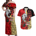 Redcliffe Dolphins ANZAC Personalised Couples Matching Off Shoulder Maxi Dress and Hawaiian Shirt Lest We Forget Poppy Camo