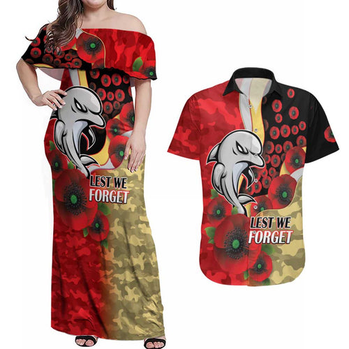 Redcliffe Dolphins ANZAC Personalised Couples Matching Off Shoulder Maxi Dress and Hawaiian Shirt Lest We Forget Poppy Camo