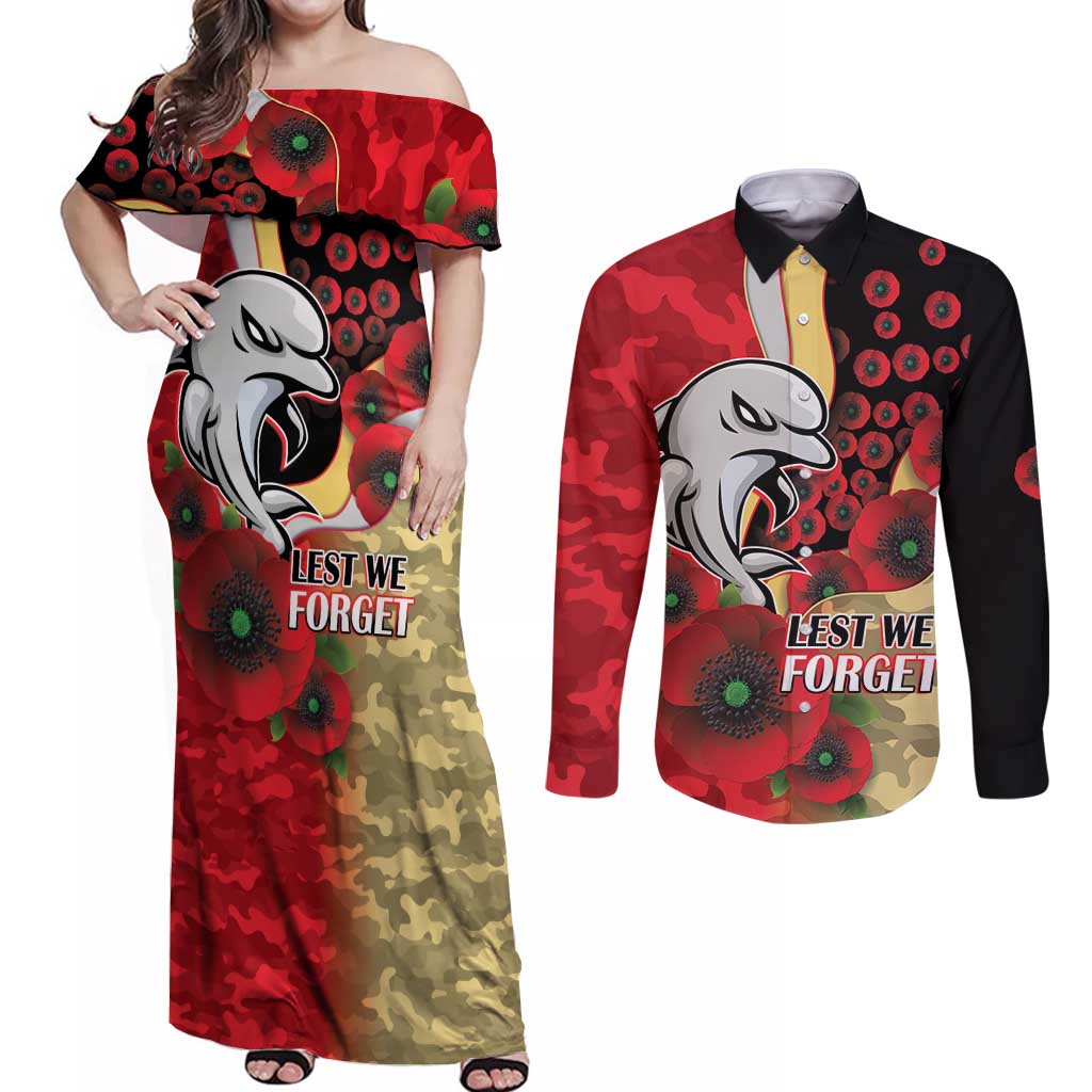 Redcliffe Dolphins ANZAC Personalised Couples Matching Off Shoulder Maxi Dress and Long Sleeve Button Shirt Lest We Forget Poppy Camo