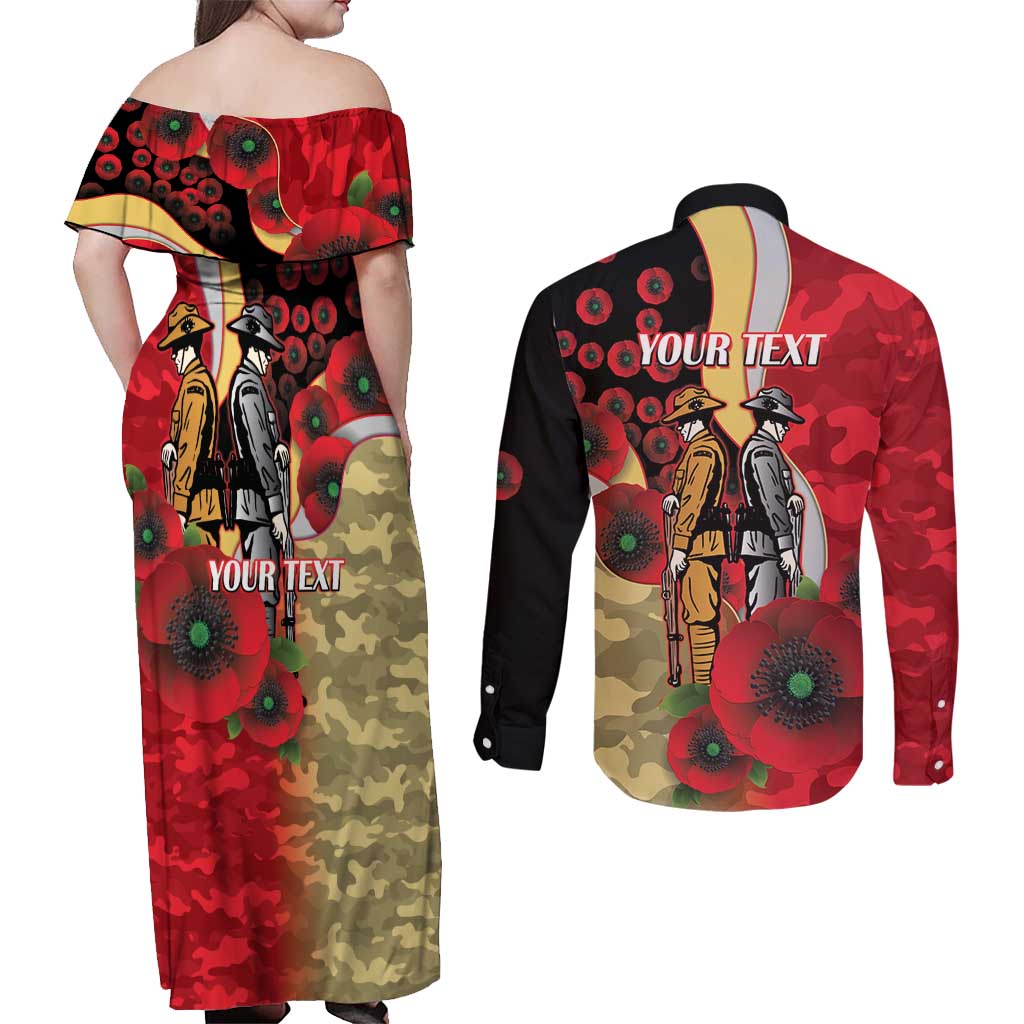 Redcliffe Dolphins ANZAC Personalised Couples Matching Off Shoulder Maxi Dress and Long Sleeve Button Shirt Lest We Forget Poppy Camo