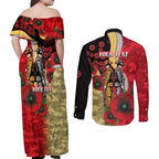 Redcliffe Dolphins ANZAC Personalised Couples Matching Off Shoulder Maxi Dress and Long Sleeve Button Shirt Lest We Forget Poppy Camo