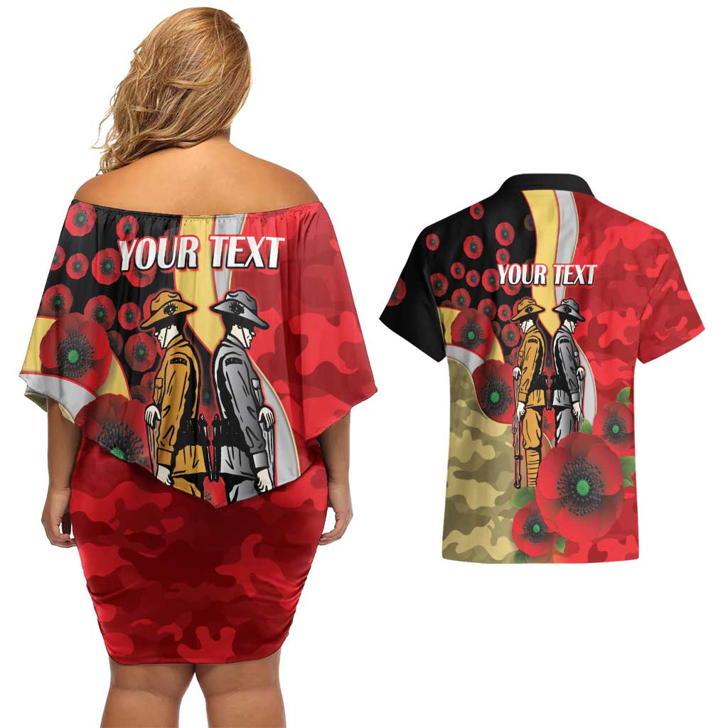 Redcliffe Dolphins ANZAC Personalised Couples Matching Off Shoulder Short Dress and Hawaiian Shirt Lest We Forget Poppy Camo