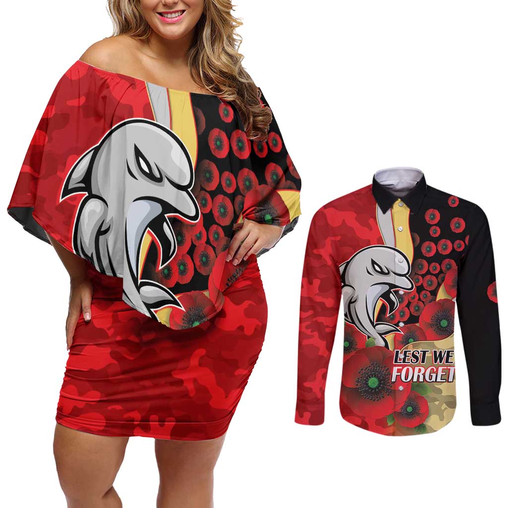 Redcliffe Dolphins ANZAC Personalised Couples Matching Off Shoulder Short Dress and Long Sleeve Button Shirt Lest We Forget Poppy Camo