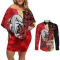 Redcliffe Dolphins ANZAC Personalised Couples Matching Off Shoulder Short Dress and Long Sleeve Button Shirt Lest We Forget Poppy Camo