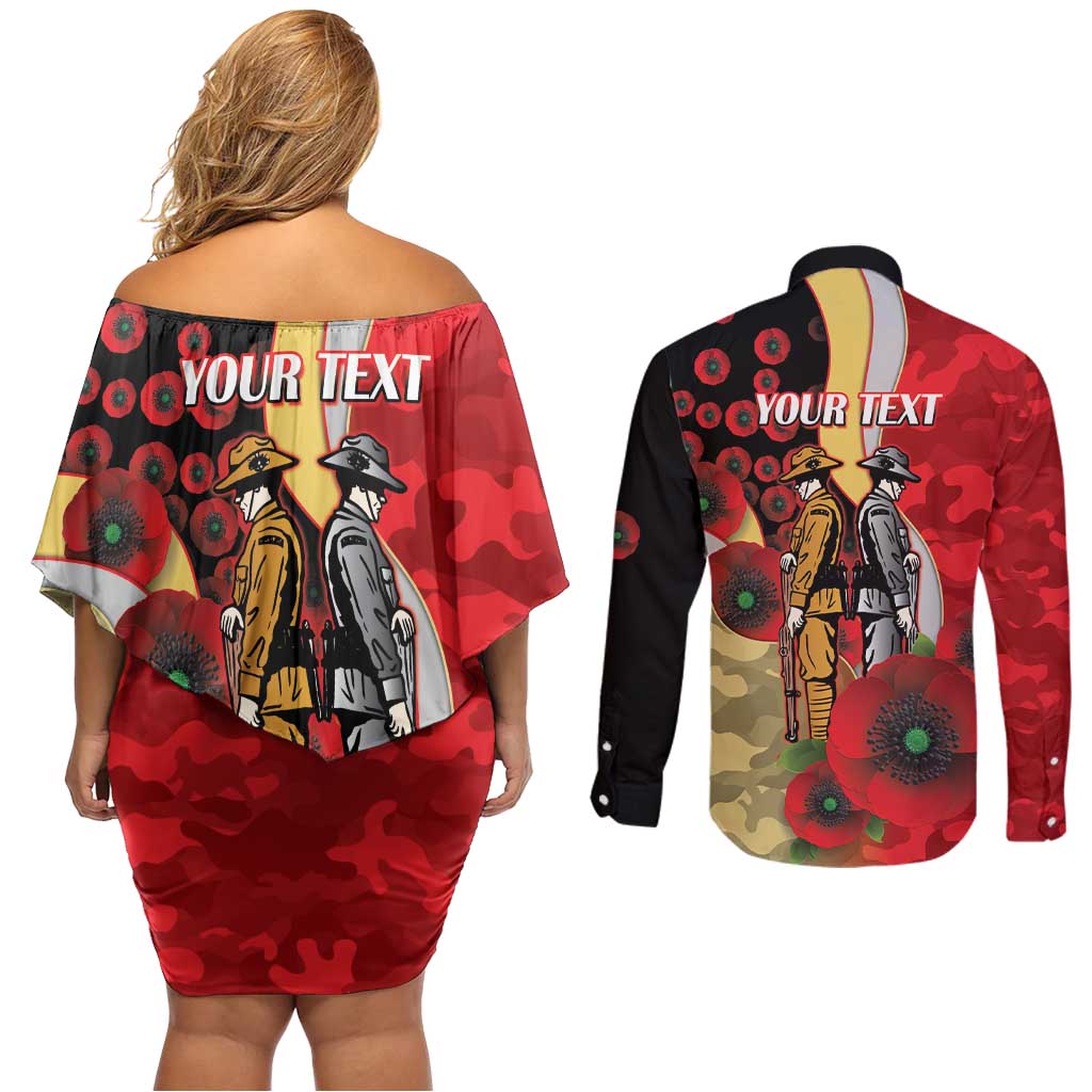 Redcliffe Dolphins ANZAC Personalised Couples Matching Off Shoulder Short Dress and Long Sleeve Button Shirt Lest We Forget Poppy Camo