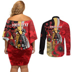 Redcliffe Dolphins ANZAC Personalised Couples Matching Off Shoulder Short Dress and Long Sleeve Button Shirt Lest We Forget Poppy Camo