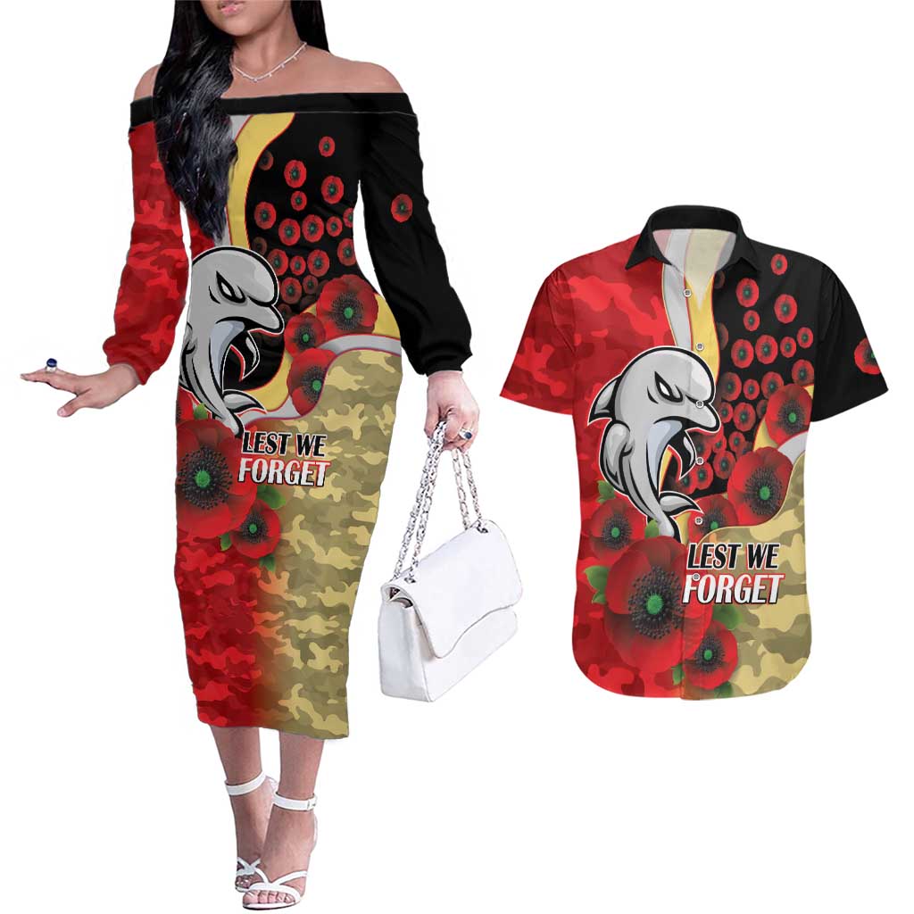 Redcliffe Dolphins ANZAC Personalised Couples Matching Off The Shoulder Long Sleeve Dress and Hawaiian Shirt Lest We Forget Poppy Camo