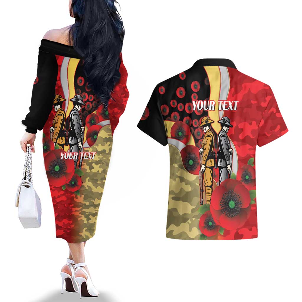 Redcliffe Dolphins ANZAC Personalised Couples Matching Off The Shoulder Long Sleeve Dress and Hawaiian Shirt Lest We Forget Poppy Camo