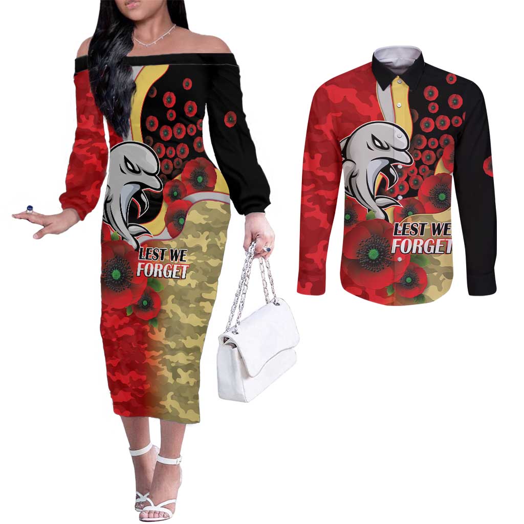 Redcliffe Dolphins ANZAC Personalised Couples Matching Off The Shoulder Long Sleeve Dress and Long Sleeve Button Shirt Lest We Forget Poppy Camo