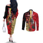 Redcliffe Dolphins ANZAC Personalised Couples Matching Off The Shoulder Long Sleeve Dress and Long Sleeve Button Shirt Lest We Forget Poppy Camo
