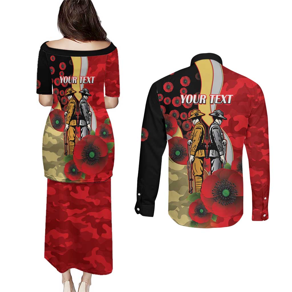 Redcliffe Dolphins ANZAC Personalised Couples Matching Puletasi and Long Sleeve Button Shirt Lest We Forget Poppy Camo