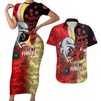 Redcliffe Dolphins ANZAC Personalised Couples Matching Short Sleeve Bodycon Dress and Hawaiian Shirt Lest We Forget Poppy Camo