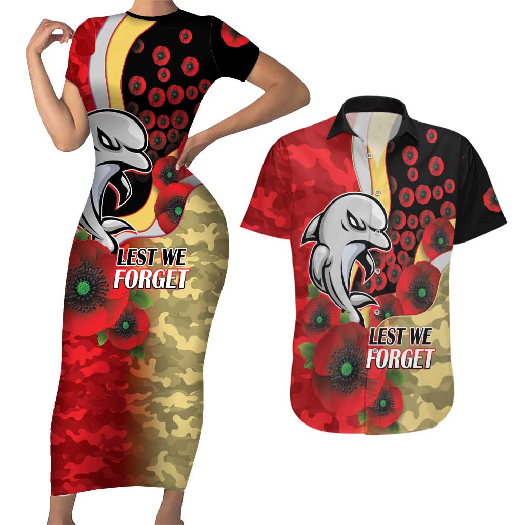 Redcliffe Dolphins ANZAC Personalised Couples Matching Short Sleeve Bodycon Dress and Hawaiian Shirt Lest We Forget Poppy Camo