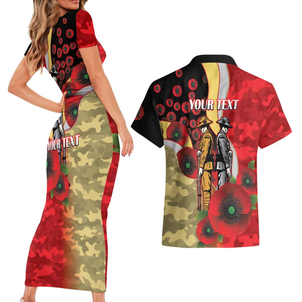 Redcliffe Dolphins ANZAC Personalised Couples Matching Short Sleeve Bodycon Dress and Hawaiian Shirt Lest We Forget Poppy Camo