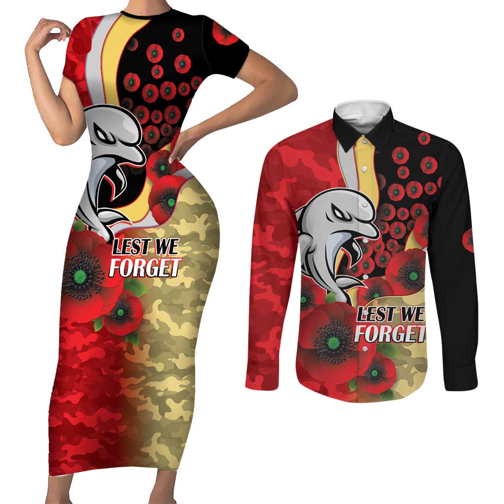 Redcliffe Dolphins ANZAC Personalised Couples Matching Short Sleeve Bodycon Dress and Long Sleeve Button Shirt Lest We Forget Poppy Camo