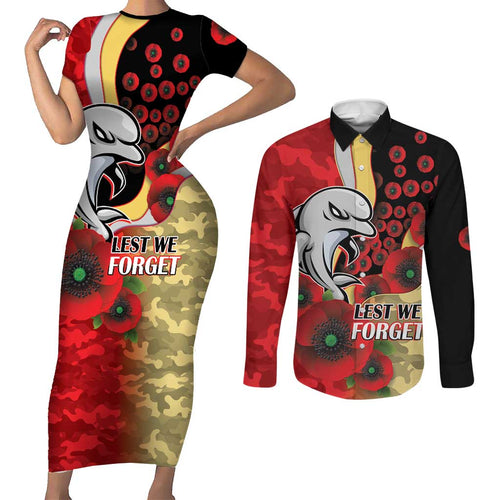 Redcliffe Dolphins ANZAC Personalised Couples Matching Short Sleeve Bodycon Dress and Long Sleeve Button Shirt Lest We Forget Poppy Camo