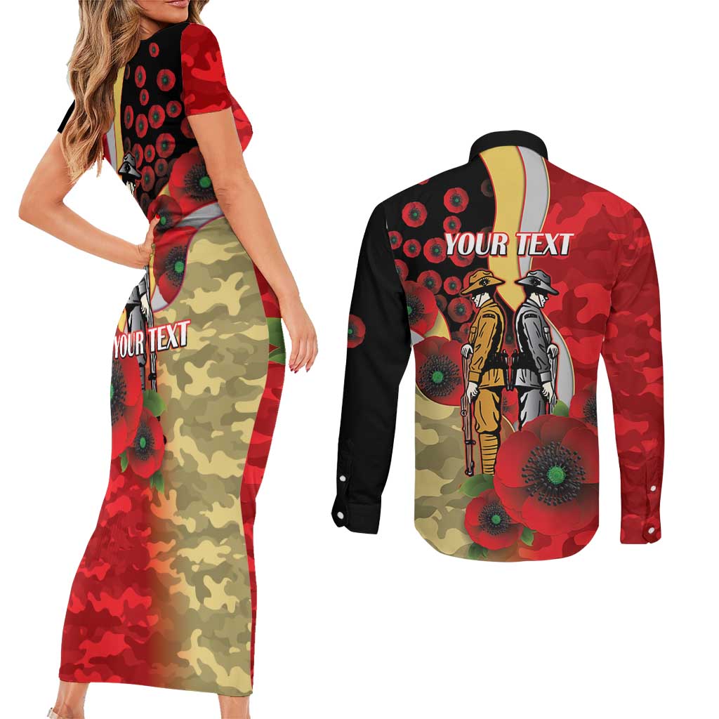 Redcliffe Dolphins ANZAC Personalised Couples Matching Short Sleeve Bodycon Dress and Long Sleeve Button Shirt Lest We Forget Poppy Camo