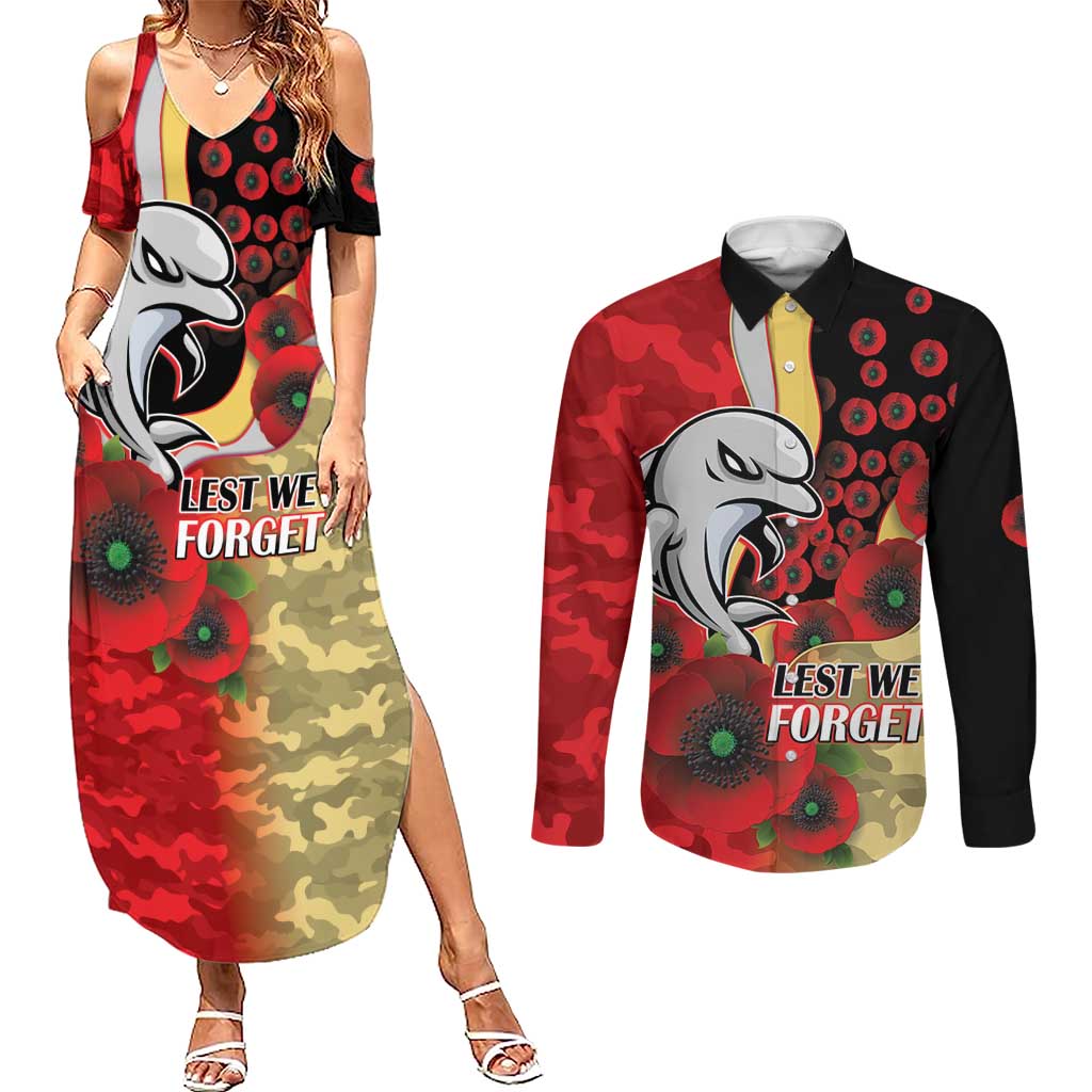 Redcliffe Dolphins ANZAC Personalised Couples Matching Summer Maxi Dress and Long Sleeve Button Shirt Lest We Forget Poppy Camo
