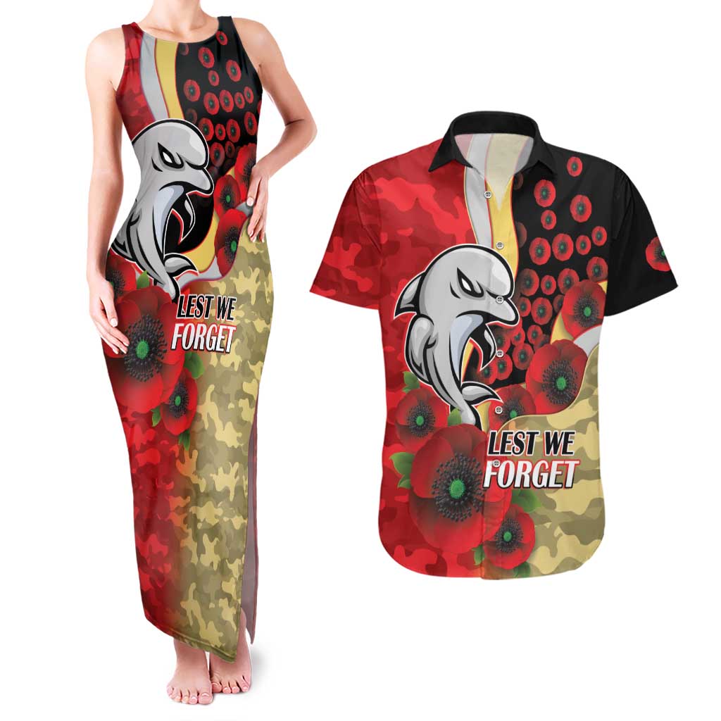 Redcliffe Dolphins ANZAC Personalised Couples Matching Tank Maxi Dress and Hawaiian Shirt Lest We Forget Poppy Camo