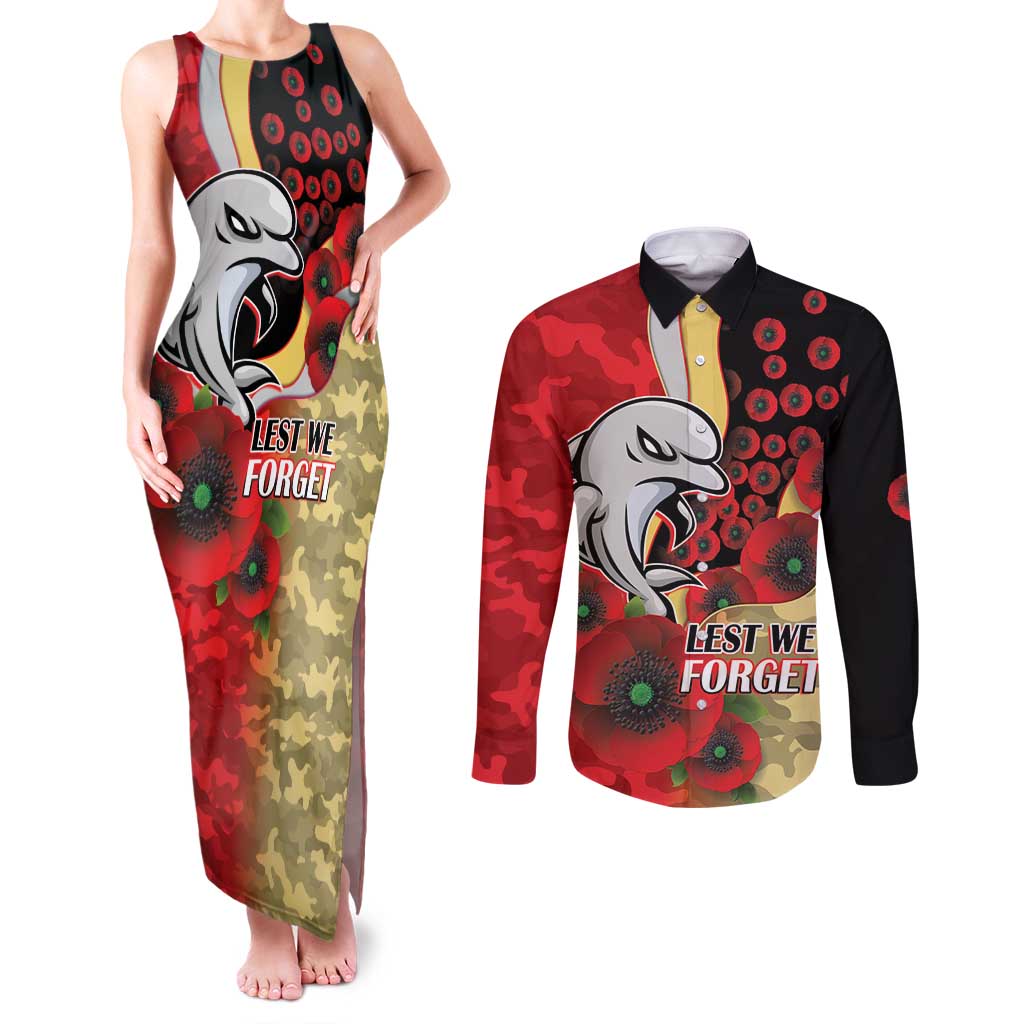 Redcliffe Dolphins ANZAC Personalised Couples Matching Tank Maxi Dress and Long Sleeve Button Shirt Lest We Forget Poppy Camo