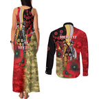 Redcliffe Dolphins ANZAC Personalised Couples Matching Tank Maxi Dress and Long Sleeve Button Shirt Lest We Forget Poppy Camo
