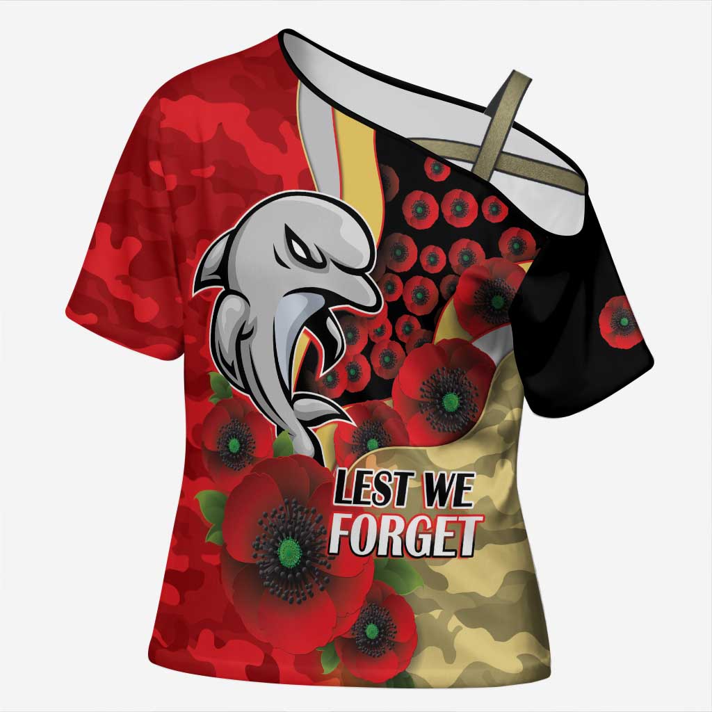 Redcliffe Dolphins ANZAC Personalised Cross Shoulder Shirt Lest We Forget Poppy Camo