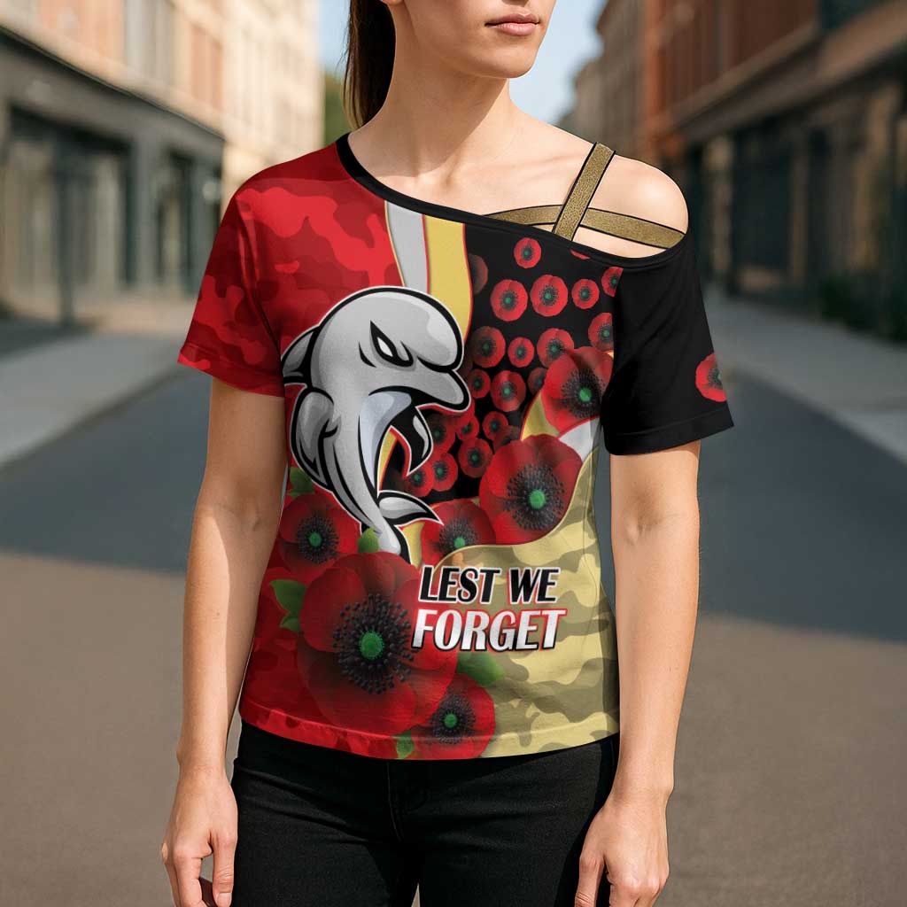 Redcliffe Dolphins ANZAC Personalised Cross Shoulder Shirt Lest We Forget Poppy Camo
