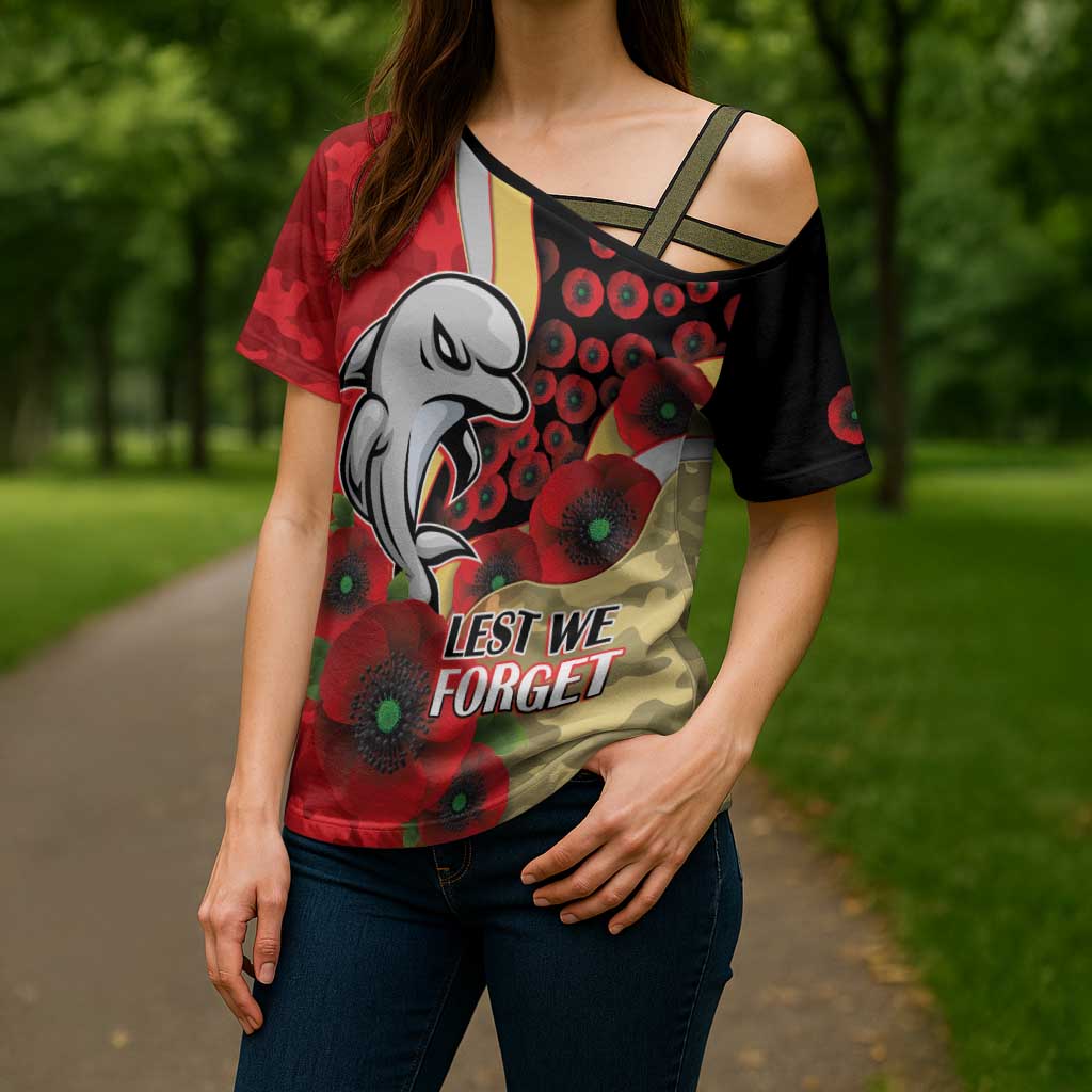 Redcliffe Dolphins ANZAC Personalised Cross Shoulder Shirt Lest We Forget Poppy Camo
