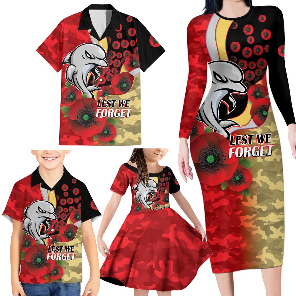 Redcliffe Dolphins ANZAC Personalised Family Matching Long Sleeve Bodycon Dress and Hawaiian Shirt Lest We Forget Poppy Camo