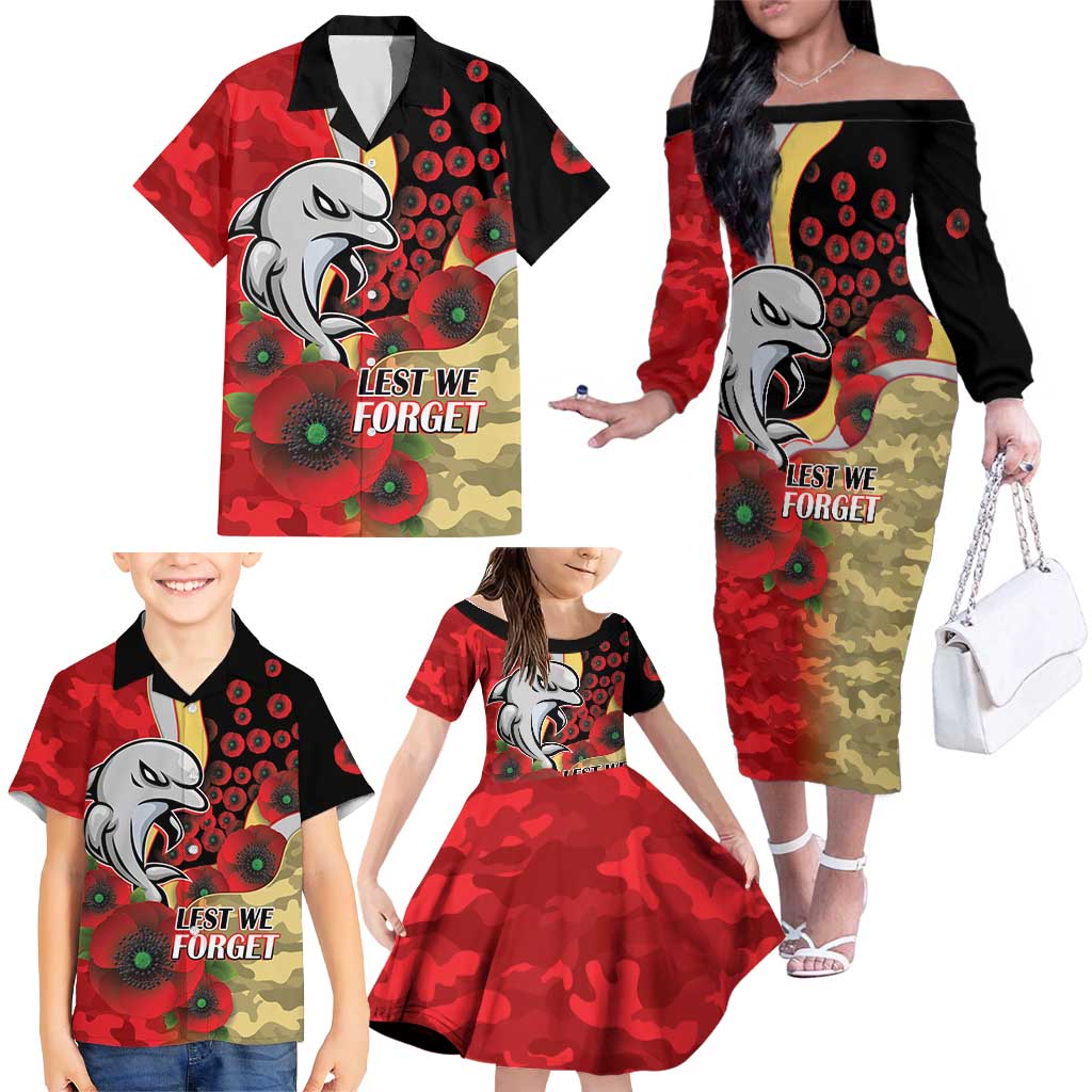 Redcliffe Dolphins ANZAC Personalised Family Matching Off The Shoulder Long Sleeve Dress and Hawaiian Shirt Lest We Forget Poppy Camo