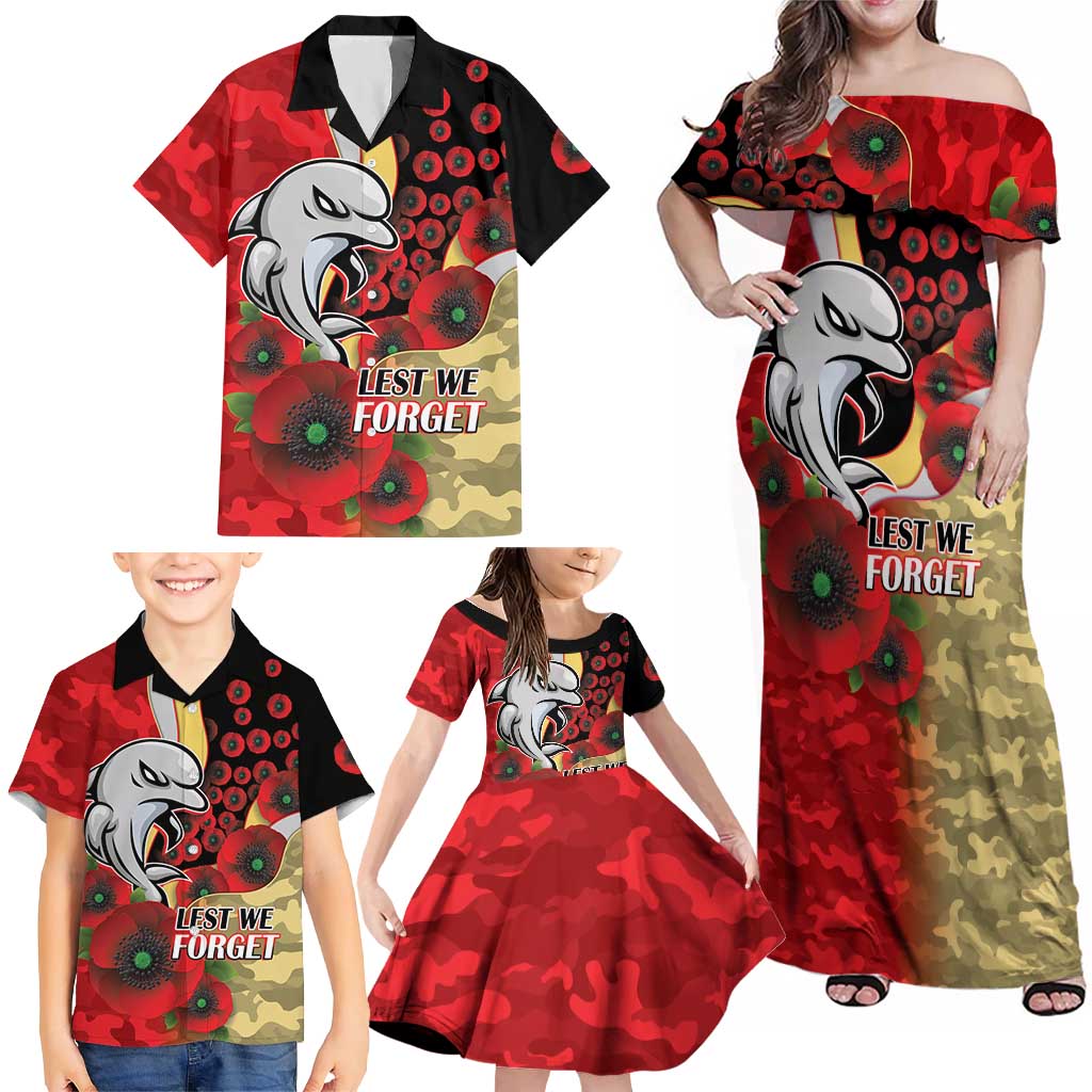 Redcliffe Dolphins ANZAC Personalised Family Matching Off Shoulder Maxi Dress and Hawaiian Shirt Lest We Forget Poppy Camo