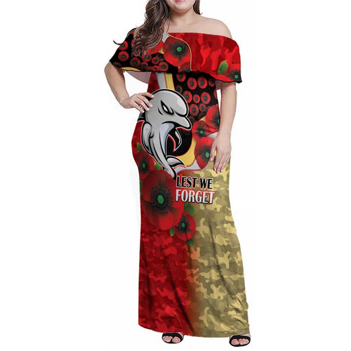 Redcliffe Dolphins ANZAC Personalised Family Matching Off Shoulder Maxi Dress and Hawaiian Shirt Lest We Forget Poppy Camo