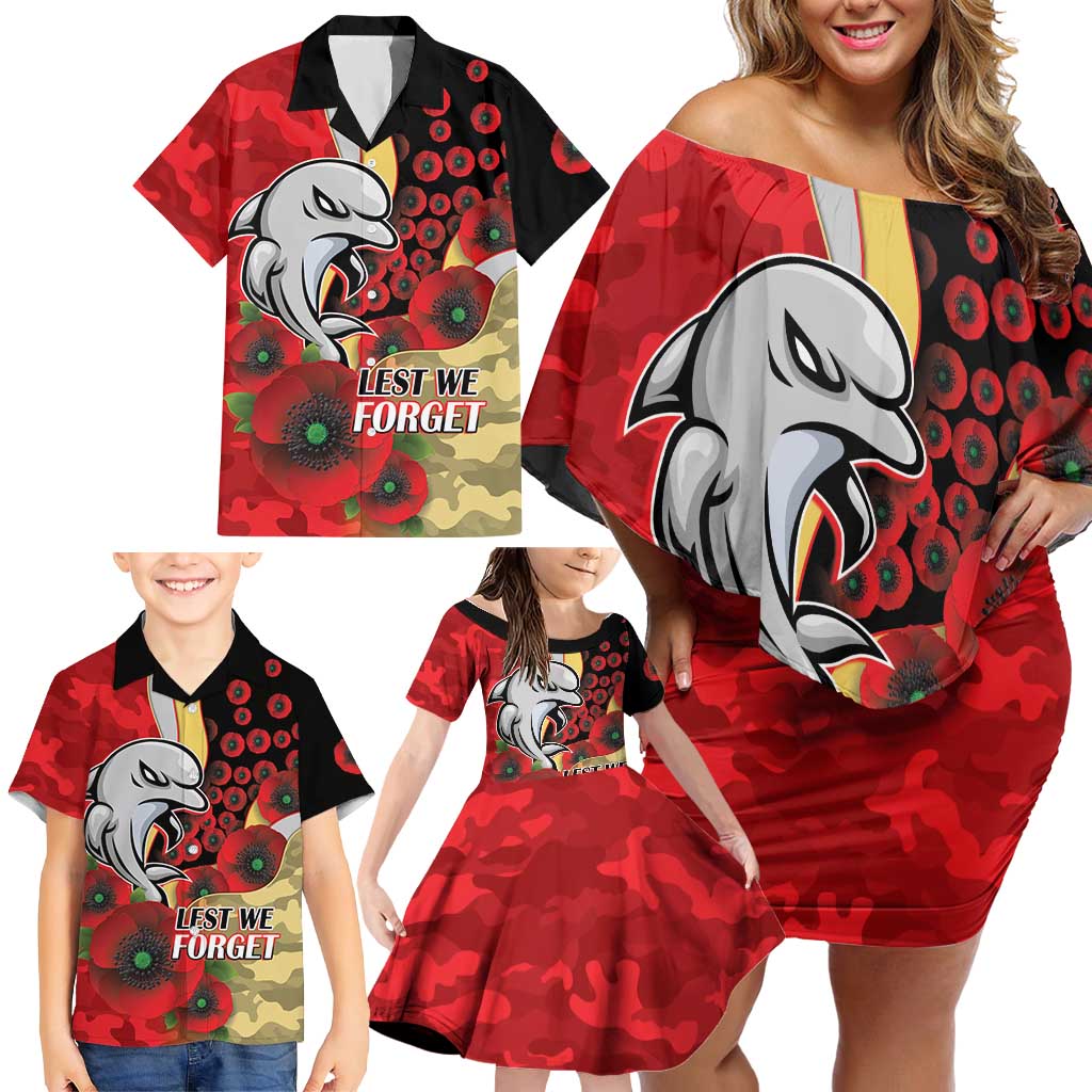 Redcliffe Dolphins ANZAC Personalised Family Matching Off Shoulder Short Dress and Hawaiian Shirt Lest We Forget Poppy Camo