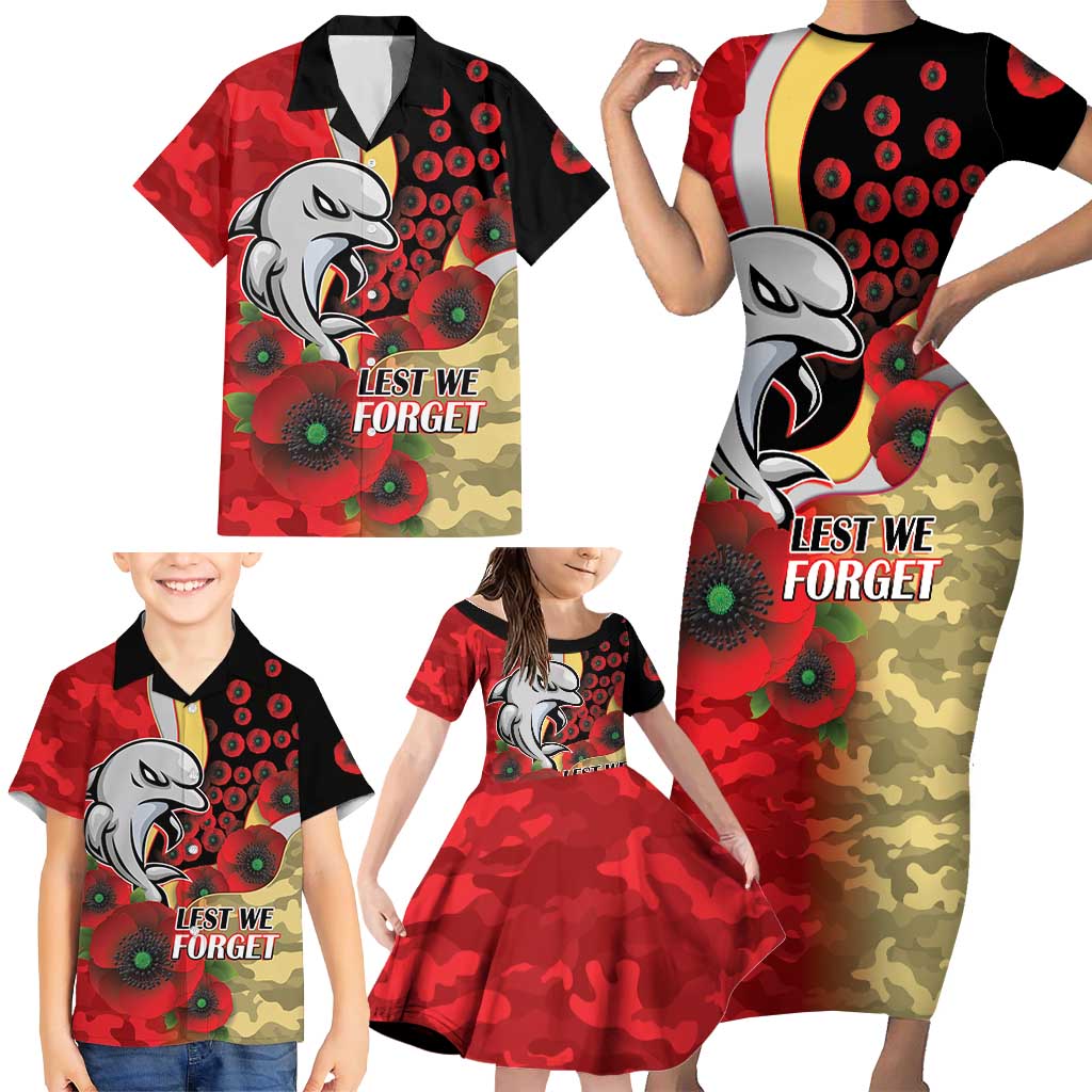 Redcliffe Dolphins ANZAC Personalised Family Matching Short Sleeve Bodycon Dress and Hawaiian Shirt Lest We Forget Poppy Camo