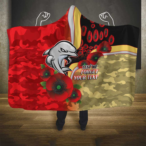 Redcliffe Dolphins ANZAC Personalised Hooded Blanket Lest We Forget Poppy Camo