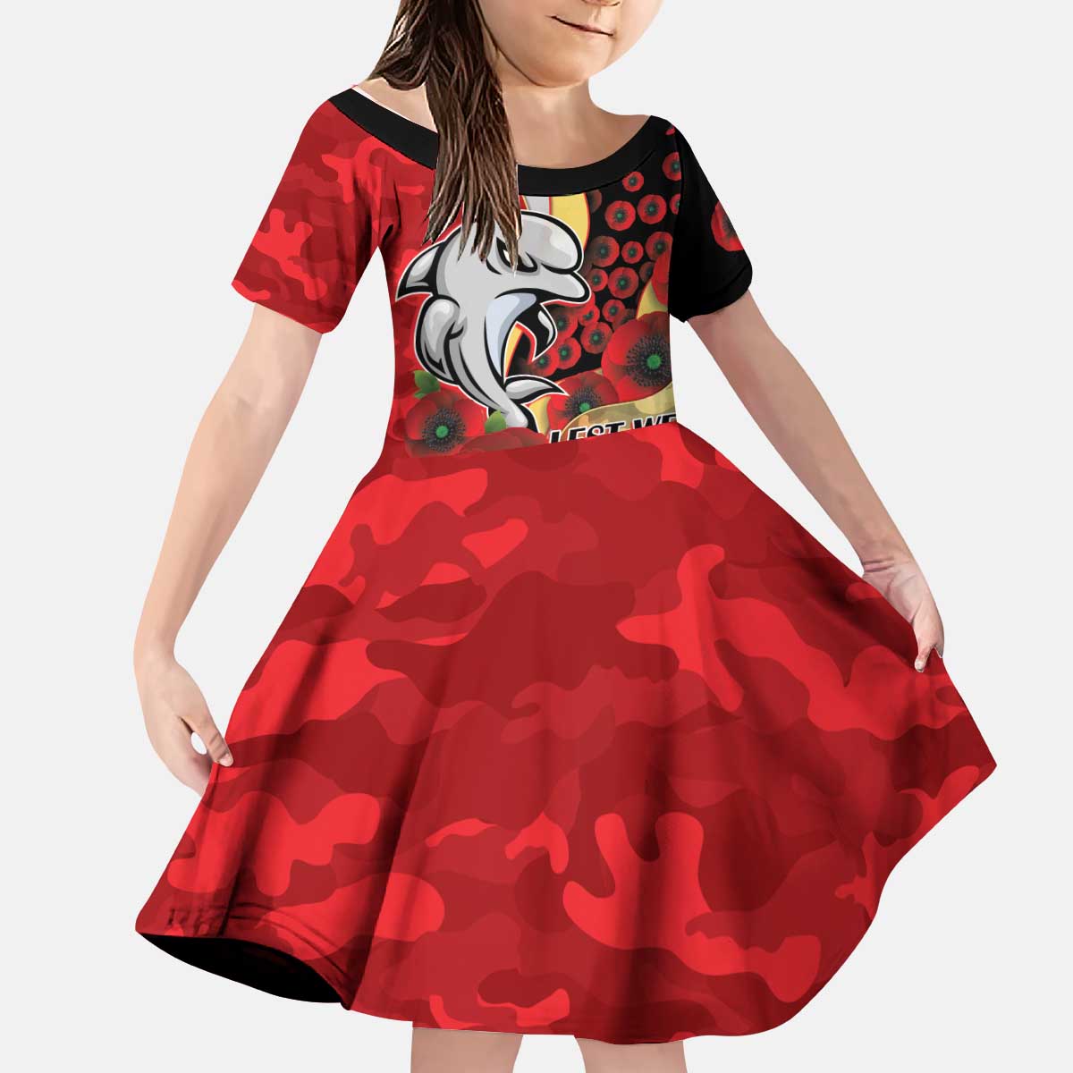 Redcliffe Dolphins ANZAC Personalised Kid Short Sleeve Dress Lest We Forget Poppy Camo