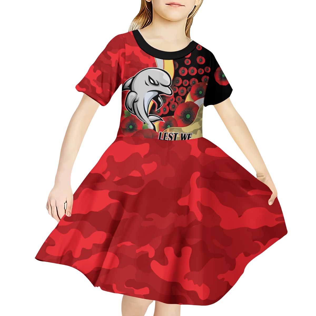 Redcliffe Dolphins ANZAC Personalised Kid Short Sleeve Dress Lest We Forget Poppy Camo