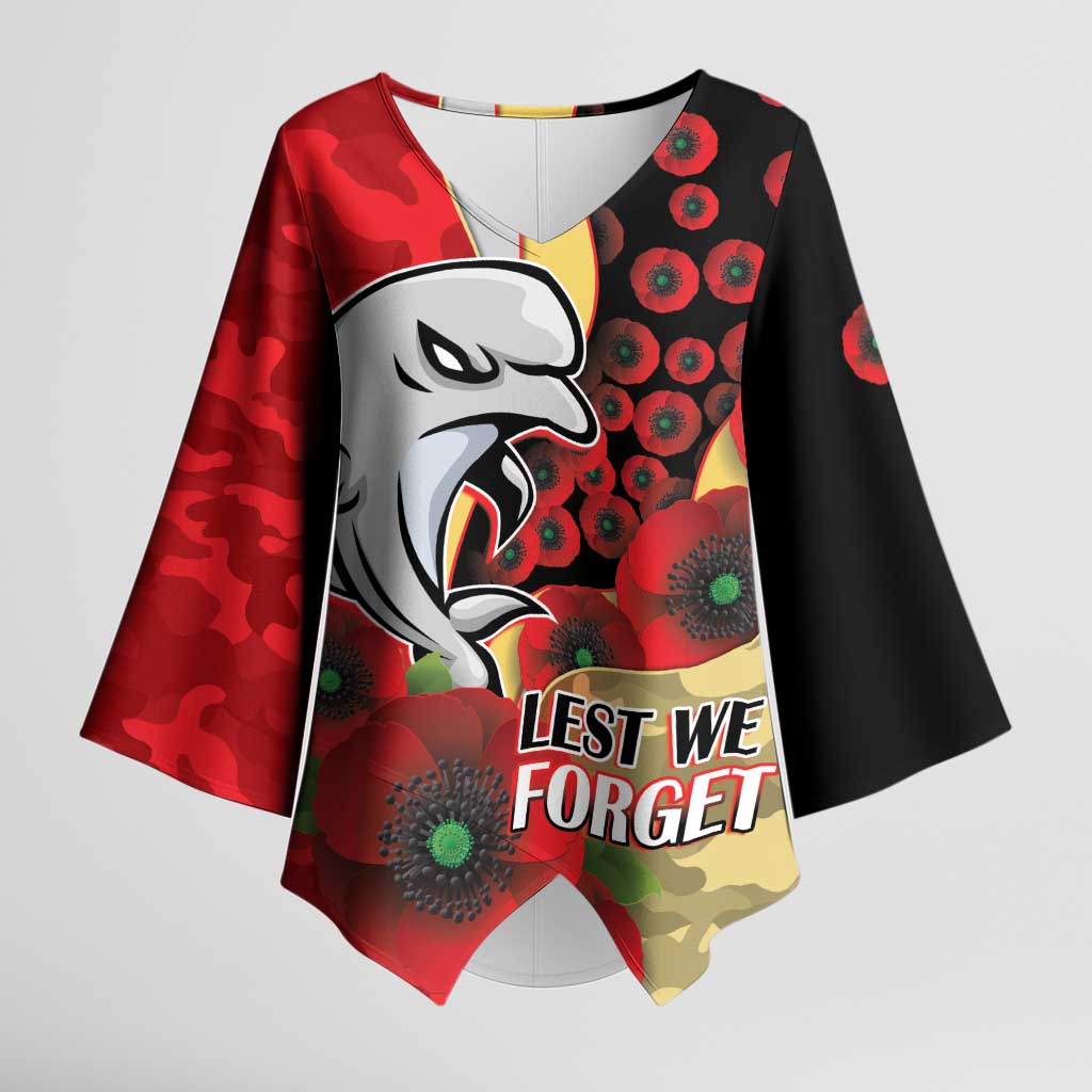 Redcliffe Dolphins ANZAC Personalised Kimono Sleeve Blouse Lest We Forget Poppy Camo